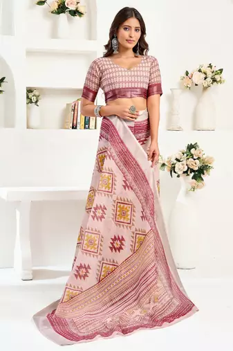 Maroon printed linen pre draped  saree with blouse