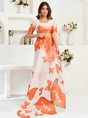 Orange printed linen pre draped  saree with blouse 3
