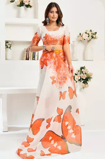 Orange printed linen pre draped  saree with blouse