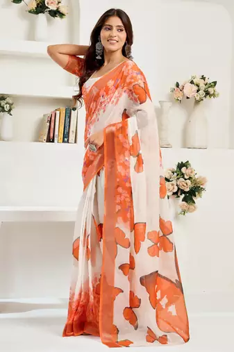 Orange printed linen pre draped  saree with blouse