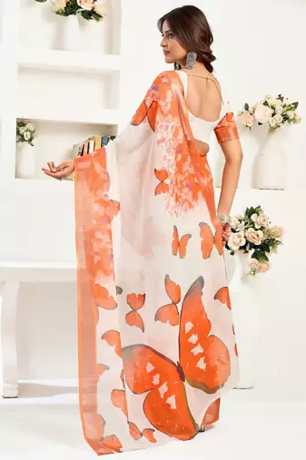 Orange printed linen pre draped  saree with blouse
