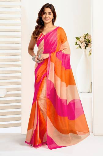 Orange, pink printed linen pre draped  saree with blouse
