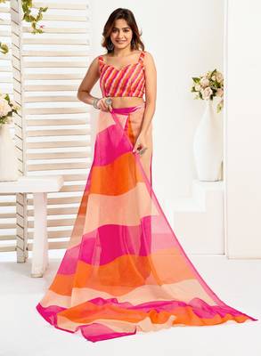 Orange, pink printed linen pre draped  saree with blouse 3
