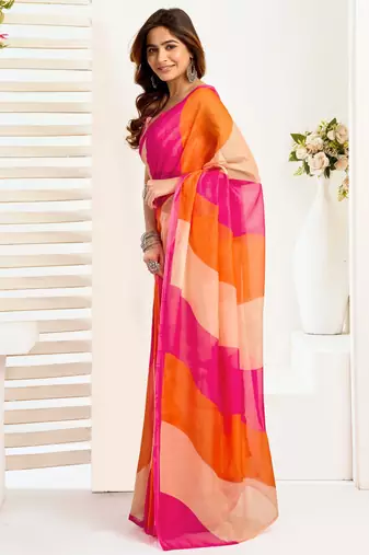 Orange, pink printed linen pre draped  saree with blouse