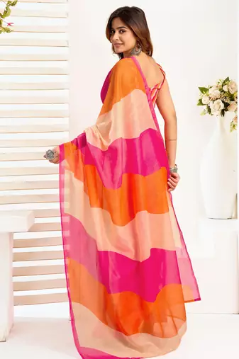 Orange, pink printed linen pre draped  saree with blouse