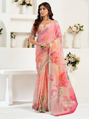 Peach printed linen pre draped  saree with blouse 1