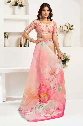 Peach printed linen pre draped  saree with blouse