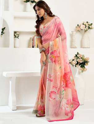 Peach printed linen pre draped  saree with blouse 4