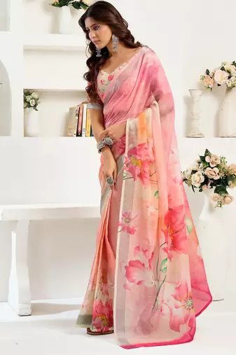 Peach printed linen pre draped  saree with blouse