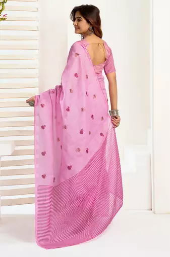 Pink printed linen pre draped  saree with blouse