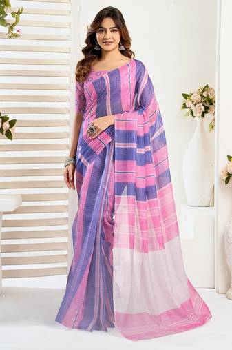 Pink, blue printed linen pre draped  saree with blouse