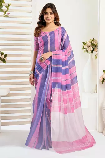 Pink, blue printed linen pre draped  saree with blouse