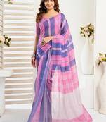 Pink, blue printed linen pre draped  saree with blouse