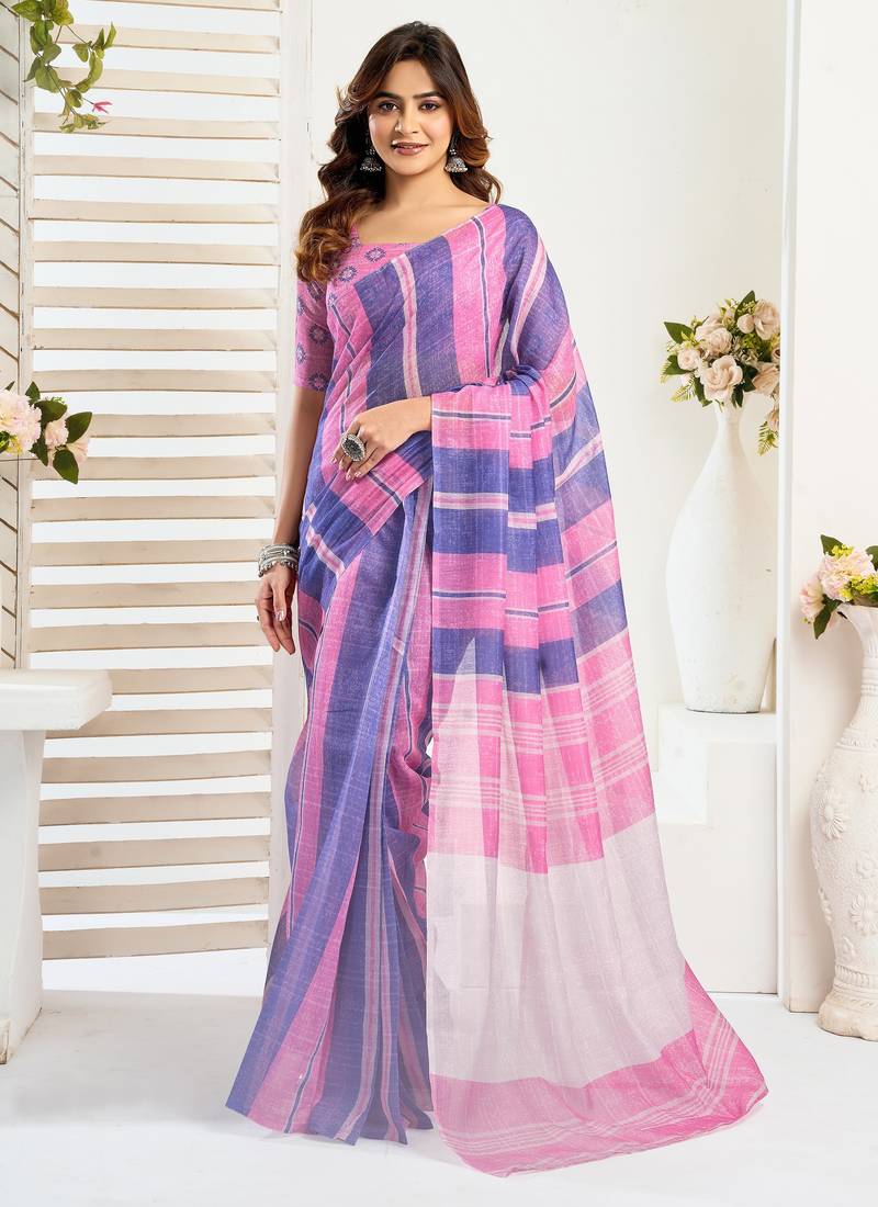 Pink, blue printed linen pre draped  saree with blouse