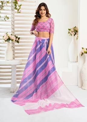 Pink, blue printed linen pre draped  saree with blouse 3