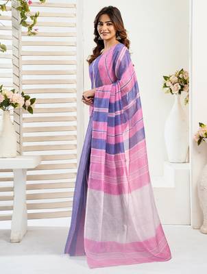 Pink, blue printed linen pre draped  saree with blouse 4