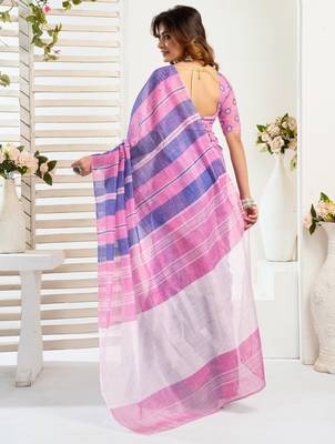 Pink, blue printed linen pre draped  saree with blouse 5