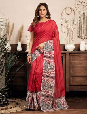 Red printed linen pre draped  saree with blouse 1