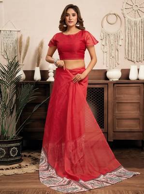 Red printed linen pre draped  saree with blouse 3