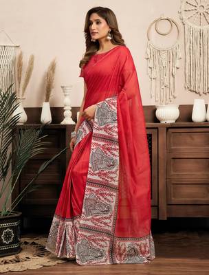 Red printed linen pre draped  saree with blouse 4