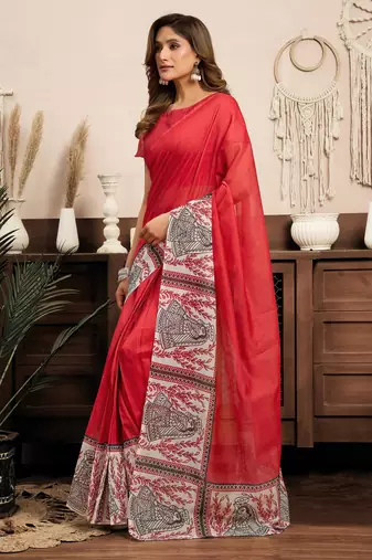 Red printed linen pre draped  saree with blouse