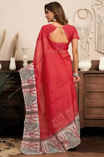 Red printed linen pre draped  saree with blouse