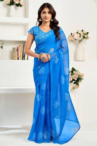Royal blue printed linen pre draped  saree with blouse