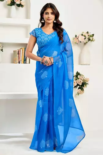 Royal blue printed linen pre draped  saree with blouse