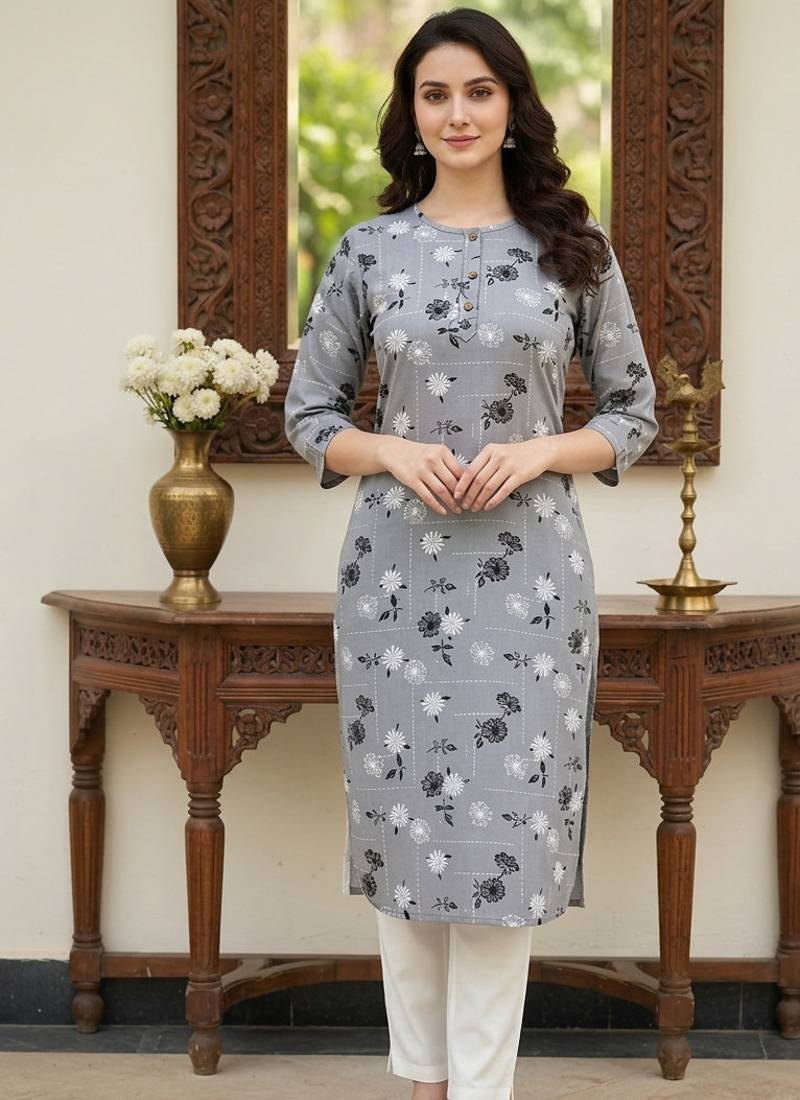 Grey printed cotton kurti