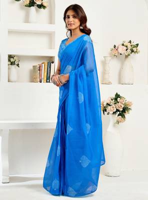 Royal blue printed linen pre draped  saree with blouse 4