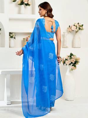 Royal blue printed linen pre draped  saree with blouse 5