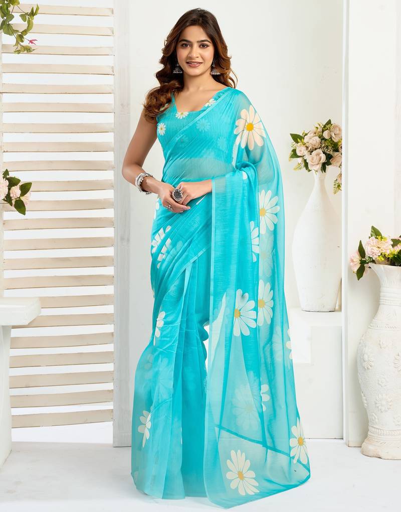 Sky blue printed linen pre draped  saree with blouse