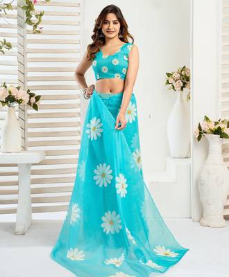 Sky blue printed linen pre draped  saree with blouse 3