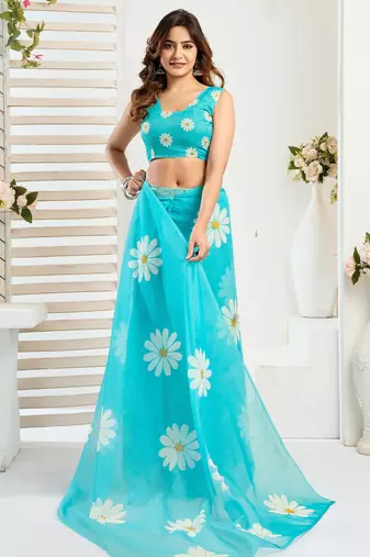 Sky blue printed linen pre draped  saree with blouse