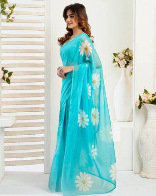 Sky blue printed linen pre draped  saree with blouse 4