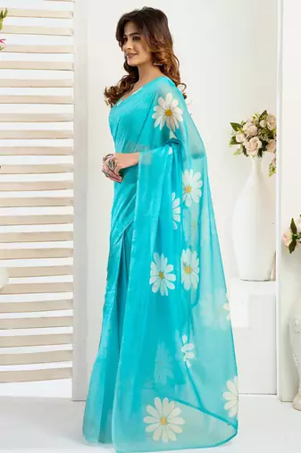 Sky blue printed linen pre draped  saree with blouse