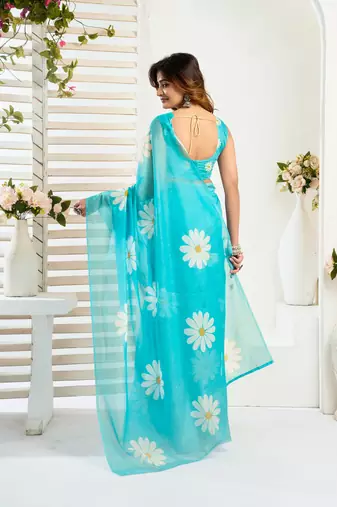 Sky blue printed linen pre draped  saree with blouse