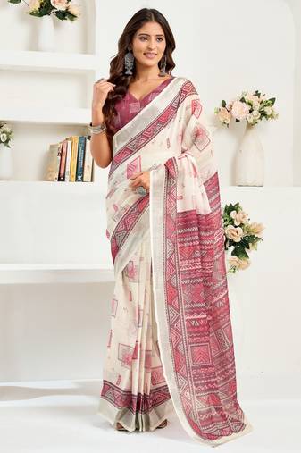 White, maroon printed linen pre draped  saree with blouse