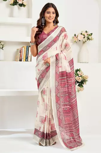 White, maroon printed linen pre draped  saree with blouse