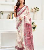 White, maroon printed linen pre draped  saree with blouse