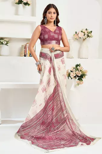 White, maroon printed linen pre draped  saree with blouse