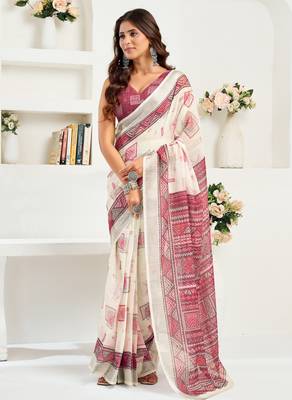 White, maroon printed linen pre draped  saree with blouse 4
