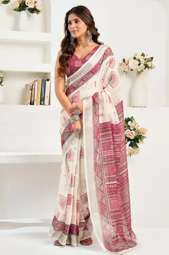 White, maroon printed linen pre draped  saree with blouse