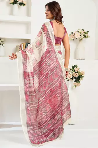 White, maroon printed linen pre draped  saree with blouse