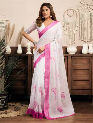 White, pink printed linen pre draped  saree with blouse 1