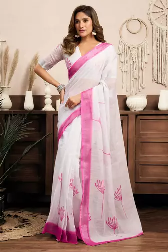 White, pink printed linen pre draped  saree with blouse