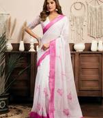 White, pink printed linen pre draped  saree with blouse