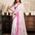 White, pink printed linen pre draped  saree with blouse