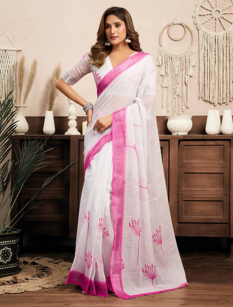 White, pink printed linen pre draped  saree with blouse