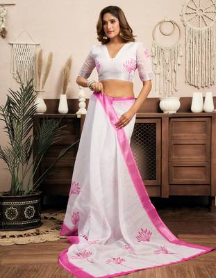 White, pink printed linen pre draped  saree with blouse 3